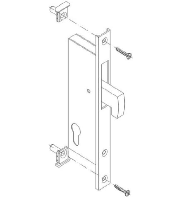 Technical drawing of a door handle assembly with screws on a white background